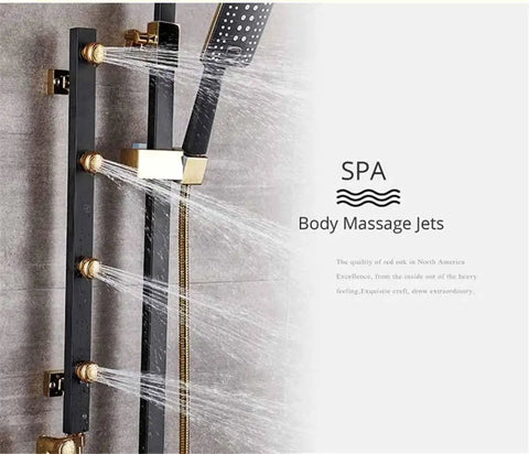Slick Brass Wall Mounted Shower Mixer Set Featuring Top Shelf Rainfall Head And Hella Powerful Massage Jets Smooth Operator Faucet with body massage jets spraying water.
