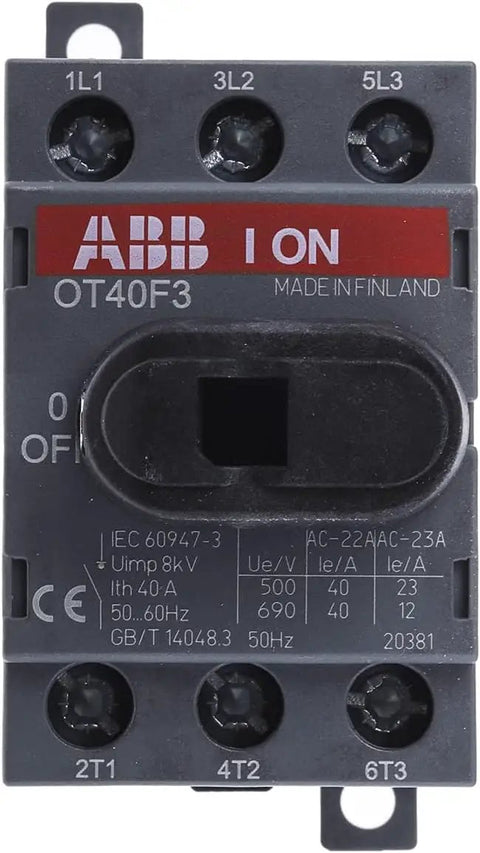 Rock Solid Heavy Duty Workhorse 3 Pole Front Operated Disconnect Switch 40 Amp 600 Volt Rated mounted on panel with detailed labeling.
