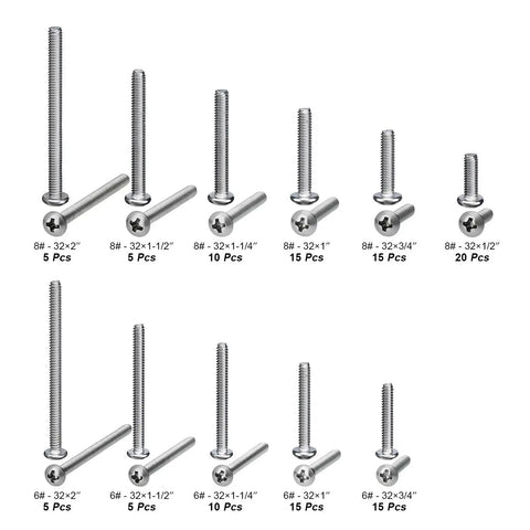 Electrical Screw Kit With 304 Stainless Steel Phillips Pan Head Machine Screws Sizes Six Thirty Two And Eight Thirty Two 120 Pieces