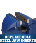 Close-up of 6 Inch General Purpose Bench Vise with 120 Degree Swivel Base and 5 Inch Jaw Opening showing replaceable steel jaw inserts.