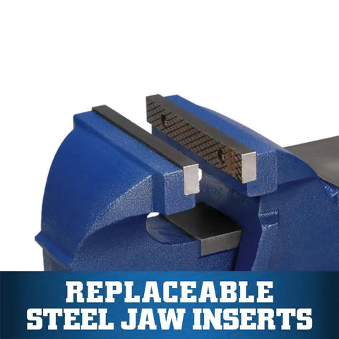 Close-up of 6 Inch General Purpose Bench Vise with 120 Degree Swivel Base and 5 Inch Jaw Opening showing replaceable steel jaw inserts.