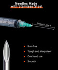 Bulk 50 Pack 5ml Disposable Luer Lock Syringes With 21G 1.5 Inch Needles, Sterile And Individually Wrapped For Lab Use, Secure Screw On Luer Connection For Medical, Research And DIY Projects. Close-up of stainless steel 21G 1.5 inch needle on 5ml syringe
