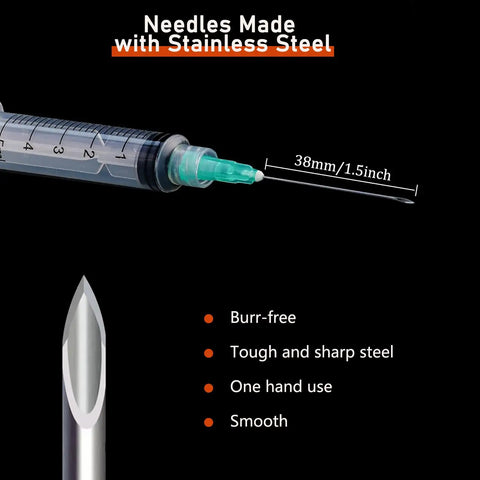 Bulk 50 Pack 5ml Disposable Luer Lock Syringes With 21G 1.5 Inch Needles, Sterile And Individually Wrapped For Lab Use, Secure Screw On Luer Connection For Medical, Research And DIY Projects. Close-up of stainless steel 21G 1.5 inch needle on 5ml syringe