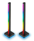 ICUE LT100 Smart Lighting Tower Starter Kit showing two 422mm-tall RGB towers with diffused effects, easy desk setup.