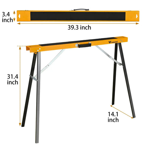 2 Pack Folding Saw Horses Heavy Duty Portable Work Stand That Feels Like A Real Shop Workhorse With 550 Lb Capacity Folding Legs And Easy Carry Handle Ideal For Woodworking Miter Saw Projects DIY Jobs, showing side view with dimensions