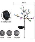 Image showing Two Pack Cherry Blossom Solar Garden Lights Outdoor Waterproof Decor Lamps With Heavy Bulb Base Two Modes with dimensions and solar panel detail.