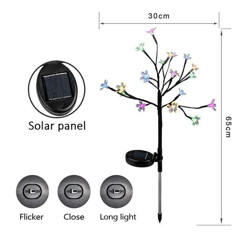 Image showing Two Pack Cherry Blossom Solar Garden Lights Outdoor Waterproof Decor Lamps With Heavy Bulb Base Two Modes with dimensions and solar panel detail.