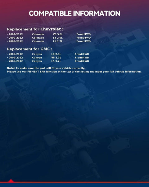Compatible information for Chevy Colorado and GMC Canyon 2009-2012 4WD, showing engine specs for replacement parts.