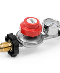 Propane regulator with gauge, red knob, and brass POL connector