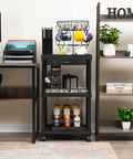 Three Tier Rolling Utility Cart With Secure Locking Casters, versatile kitchen and bathroom storage organizer in matte black with drinks.