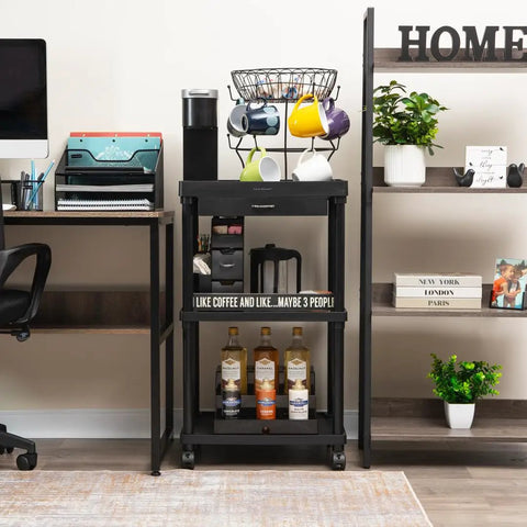 Three Tier Rolling Utility Cart With Secure Locking Casters, versatile kitchen and bathroom storage organizer in matte black with drinks.