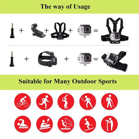 All In One Universal Action Camera Head Strap And Chest Harness Mount Kit For GoPro And Most Sports Cams Including AKASO Brave 4