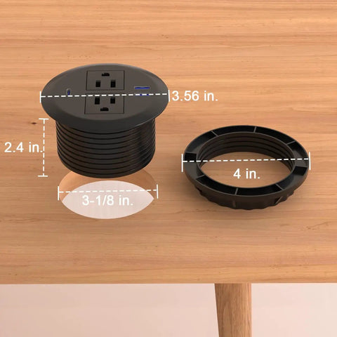 Two Pack Desktop Power Grommet PD20W Fast Charging USBC round flush mount outlet with two AC plugs on wood surface.