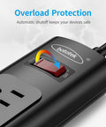 Black surge protector with four AC outlets shown, 6-foot extension cord, featuring overload protection switch and branding logo.