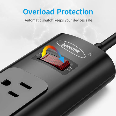 Black surge protector with four AC outlets shown, 6-foot extension cord, featuring overload protection switch and branding logo.
