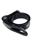 Black lightweight aluminum alloy bike seat post clamp with quick release collar for 28.6mm, 31.8mm, and 34.9mm posts, side view.