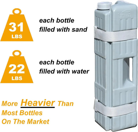4 Pack Universal Upgraded Canopy Weights for pop up tents, each bottle weighs 31 lbs with sand and 22 lbs with water.