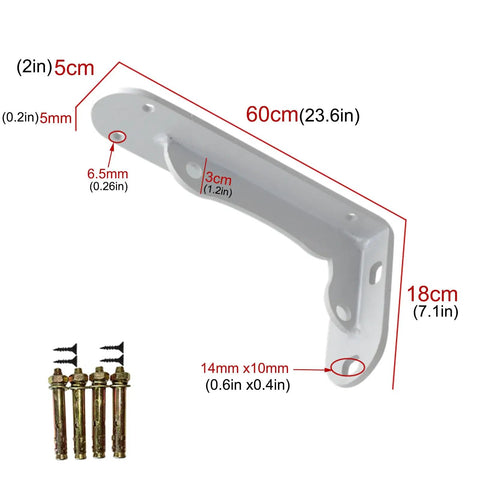 Super Tough White Iron Wall Mount Floating Shelf Brackets with Reinforced Triangle Brace dimensions and mounting kit included.