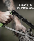 Folding Camp Saw With 12 Inch Blade For Backpacking, Hiking, Camping And Bushcraft being used on wood, flat design shown.