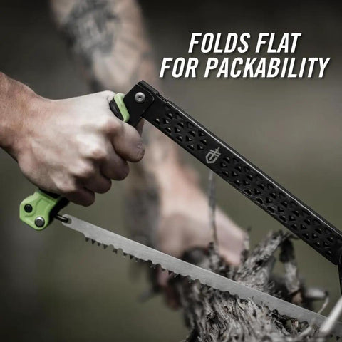 Folding Camp Saw With 12 Inch Blade For Backpacking, Hiking, Camping And Bushcraft being used on wood, flat design shown.