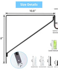 Dimensions and components of 10 Pack Heavy Duty Closet Rod Bracket Set With 90 Degree Triangle Support, Matte Black Steel, screws and anchors shown.