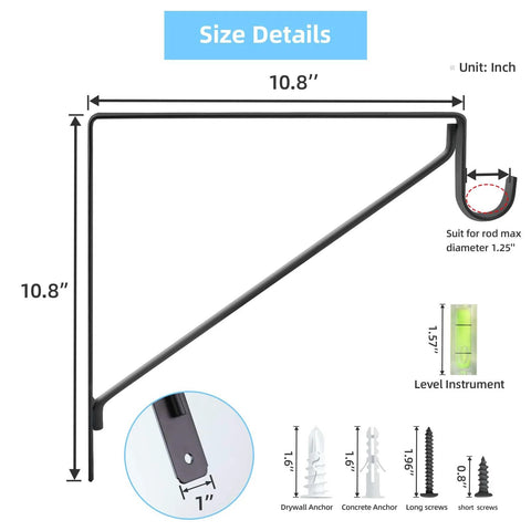 Dimensions and components of 10 Pack Heavy Duty Closet Rod Bracket Set With 90 Degree Triangle Support, Matte Black Steel, screws and anchors shown.