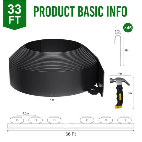 33 Foot Plastic Landscape Edging Border Kit With 4 Inch High Panels 45 Ground Stakes And Hammer Included No Fuss Easy Install