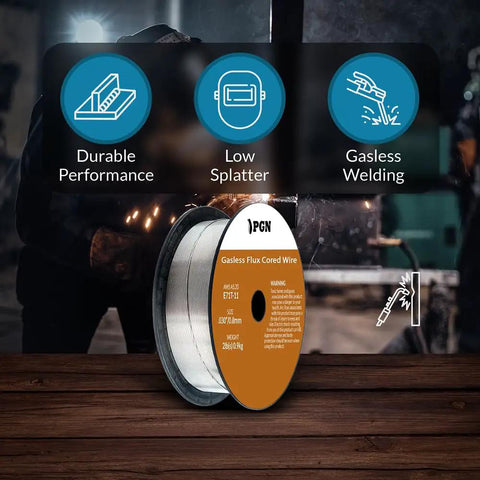 Flux Core MIG Welding Wire.030 E71T-11 Gasless spool with welder backdrop for outdoor shop use, highlighting gasless feature.