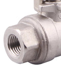 Close-up of a DERNORD stainless steel ball valve with 1/4 in NPT female threaded end.