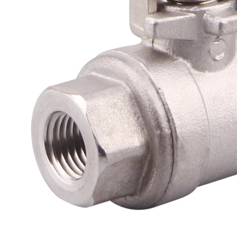 Close-up of a DERNORD stainless steel ball valve with 1/4 in NPT female threaded end.