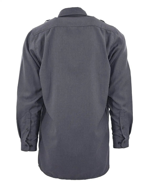 Mens Flame Resistant Work Shirt With Breathable Westex DH Air Fabric Built Tough For The Daily Grind Featuring Mic Loops Moisture Wicking Tagless Relief And Nomex Threaded Seams In Stone Gray - rear view.