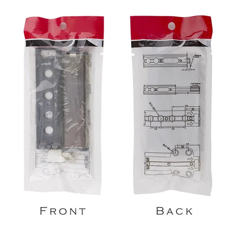 Front and back packaging of 4 Pack Adjustable Tongue Distance Magnetic Door Catch For Cabinet Cupboard Wardrobe Push Open Latch Closure Easy Install