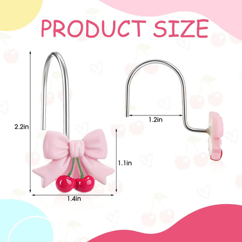 12 Piece Pink Bow Cherry Shower Curtain Hooks Set Resin Rust Resistant Gliding Hooks For Standard Rods Cute Bow Knot Decorative Bath Accessories Vibe For Home product size dimensions.