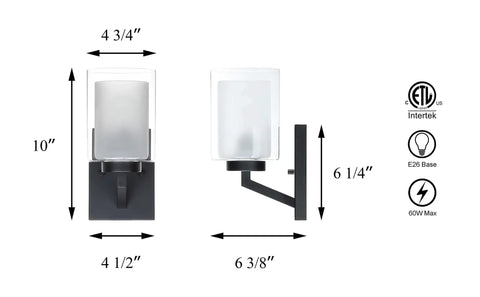 Dimensions and side view of Four Light Vanity Light Fixtures Over Mirror Black Metal Finish With Dual Glass Shades, ETL certified.
