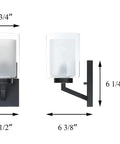 Brushed Nickel 4 Light Vanity Light With Dual Glass Shades, side and front measurements, modern bathroom wall fixture.