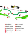 Universal Seven Eighths Inch CNC Motorcycle Handlebar And Handguards Kit with grips, chest pad, throttle housing in green.
