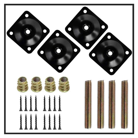 Heavy Duty 4 Piece Furniture Leg Mounting Plates Kit With M8 Hanger Bolts And Adapters metal brackets and screws shown