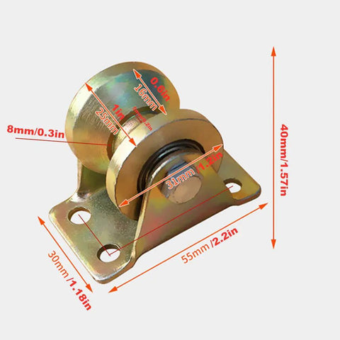 Rock Solid Heavy Duty V Groove Sliding Gate Roller With Beefy Bracket 45 Steel Industrial Track Wheel Galvanized Barn Door Caster with dimensions marked.