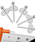 Aluminum Large Flange Blind Rivets Kit, 3/16 x 3/8 Inch Pop Rivets With 5/8 Inch Flange Diameter, 100-Piece Assortment shown with rivet tool.