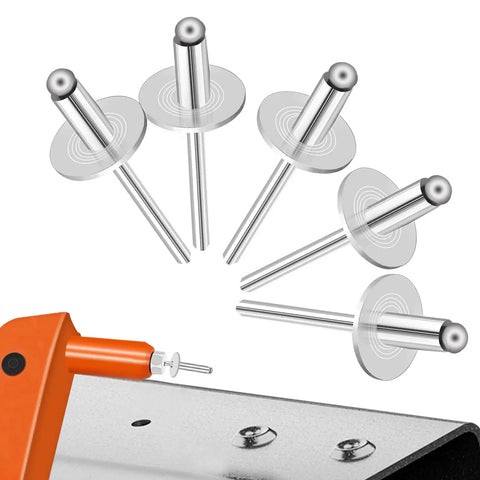 Aluminum Large Flange Blind Rivets Kit, 3/16 x 3/8 Inch Pop Rivets With 5/8 Inch Flange Diameter, 100-Piece Assortment shown with rivet tool.