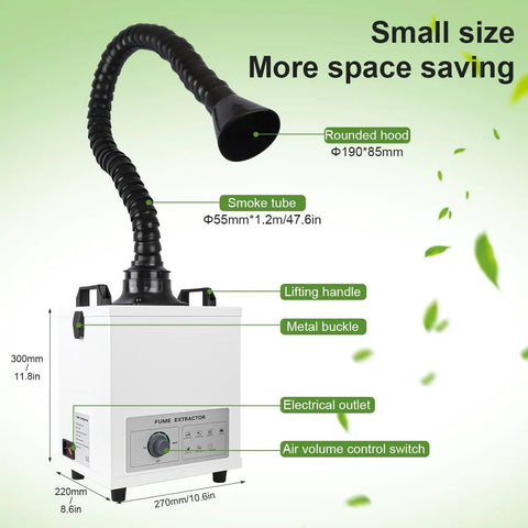 Image of Powerful 120W Solder Fume Extractor With 194 CFM Suction 3 Stage Filter showing dimensions and features like smoke tube and handle.
