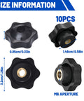10 Pack M6 Star Knobs With Through Hole Hexagon Design for Easy Clamp Tightening Handles, shown with size dimensions and M6 aperture