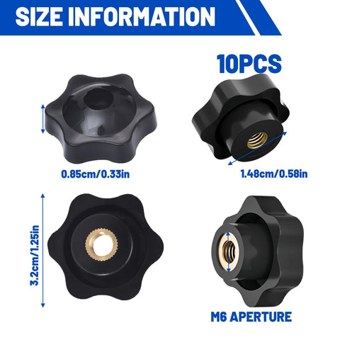 10 Pack M6 Star Knobs With Through Hole Hexagon Design for Easy Clamp Tightening Handles, shown with size dimensions and M6 aperture