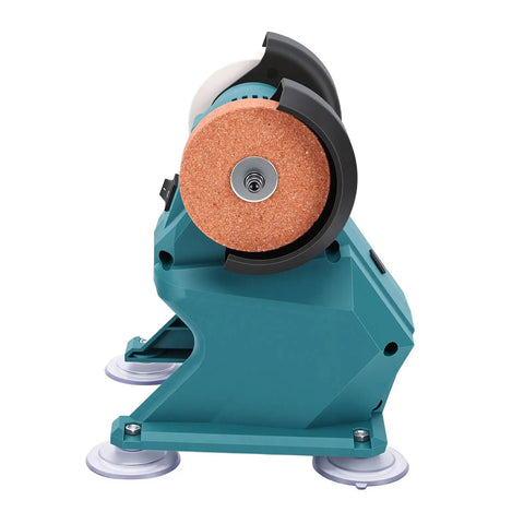 Fafeicy Mini Bench Grinder With 70mm Coarse Fine Brown Corundum Wheels And Full Copper Motor angled view, showcasing grinding wheel.