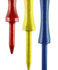 Colorful wood golf tees showing red, yellow, and blue options, part of PTS Step Tees 50 Count 2 3/4 Inch Wood Golf Tees With Depth Control.