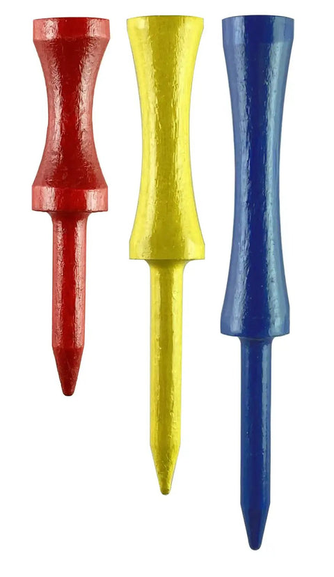Colorful wood golf tees showing red, yellow, and blue options, part of PTS Step Tees 50 Count 2 3/4 Inch Wood Golf Tees With Depth Control.