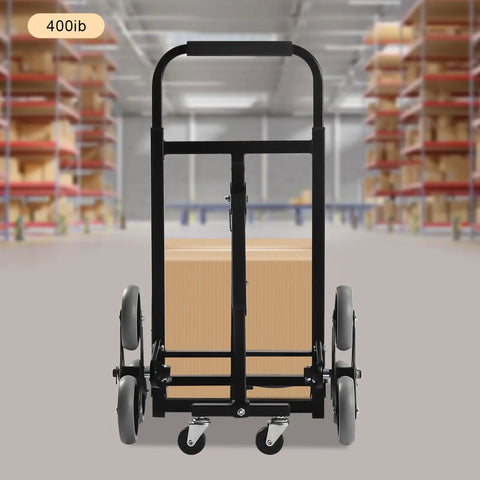 Foldable Hand Truck With Triangular Three Wheel Design For Heavy Duty Lifts Up To 550 Lbs Dual Purpose Cart For Flat Surfaces And Stairs Large Carry Base 12.99 By 15.55 Inches Easy Fold Rugged Utility Dolly, black steel frame with box on warehouse floor
