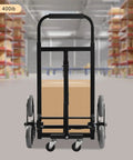Heavy Duty Stair Climbing Dolly With Ten Wheels For No Sweat Moving, 551 Pound Flat Ground Weight Limit, Foldable Steel Cargo Cart Built Like A Tank For Bulky Furniture And Daily Hauls, showing back view with a cardboard box.