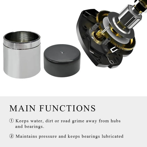 2 Pack Axle Bearing Protectors with Dust Covers, 1.98 Inch Chrome Steel Bars, hub protector components, and gears for trailer wheels