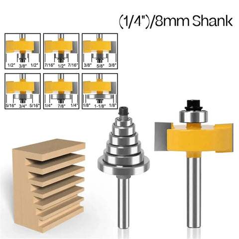 Heavy Hitter Rabbet Router Bit Set With Six Precision Cnc Woodworking Cutters Quarter Inch And Eight Millimeter Shank Picks, featuring various profiles.